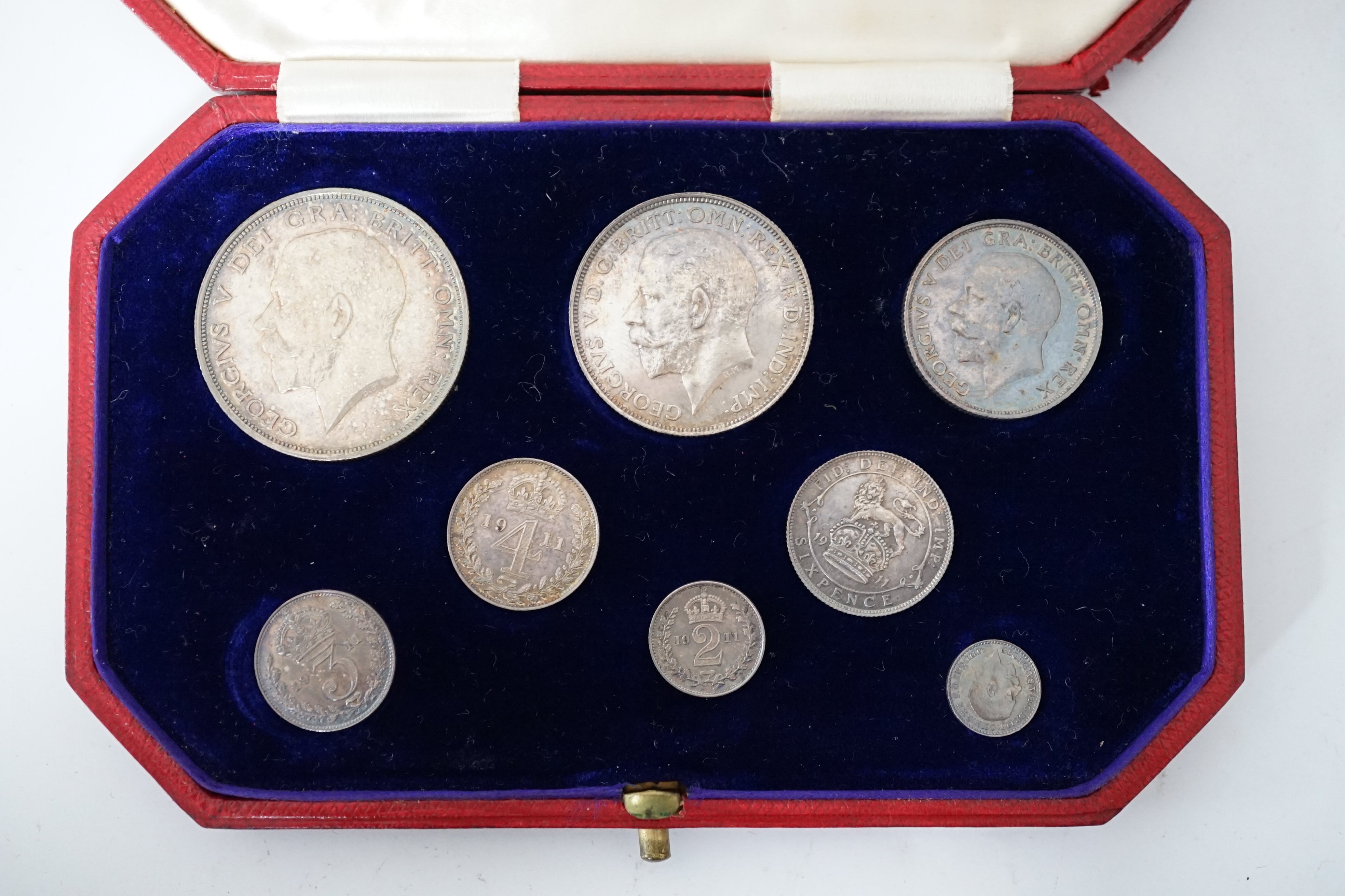 British Silver Coins, George V coronation specimen eight coin set, 1911, ranging from halfcrown to maundy penny, in case of issue